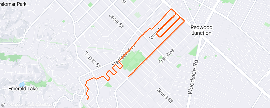 Map of the activity, Easy 5 miles x 4 x 30sec. Strides