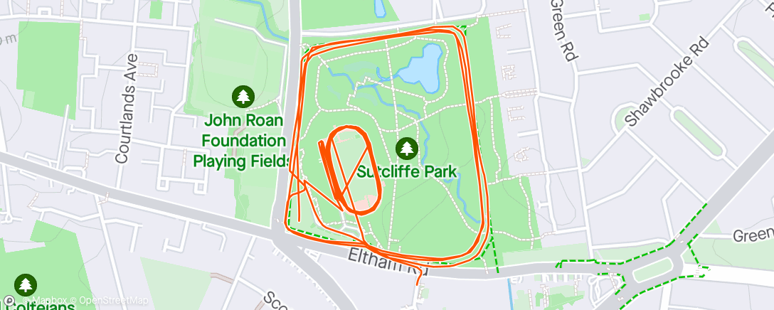 Map of the activity, 2 laps warm up of park, strides, pacing role for one set of 600m, 400m, 200m with 200 recoveries; lap of park to cool down