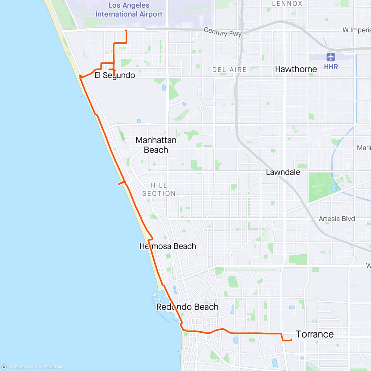 Map of the activity, Picking the bike up and heading down to Redondo beach