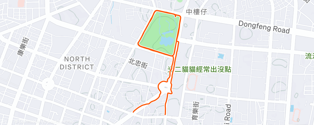 Карта физической активности (5km: 臺南 4:30 - 4:45/km park loop)