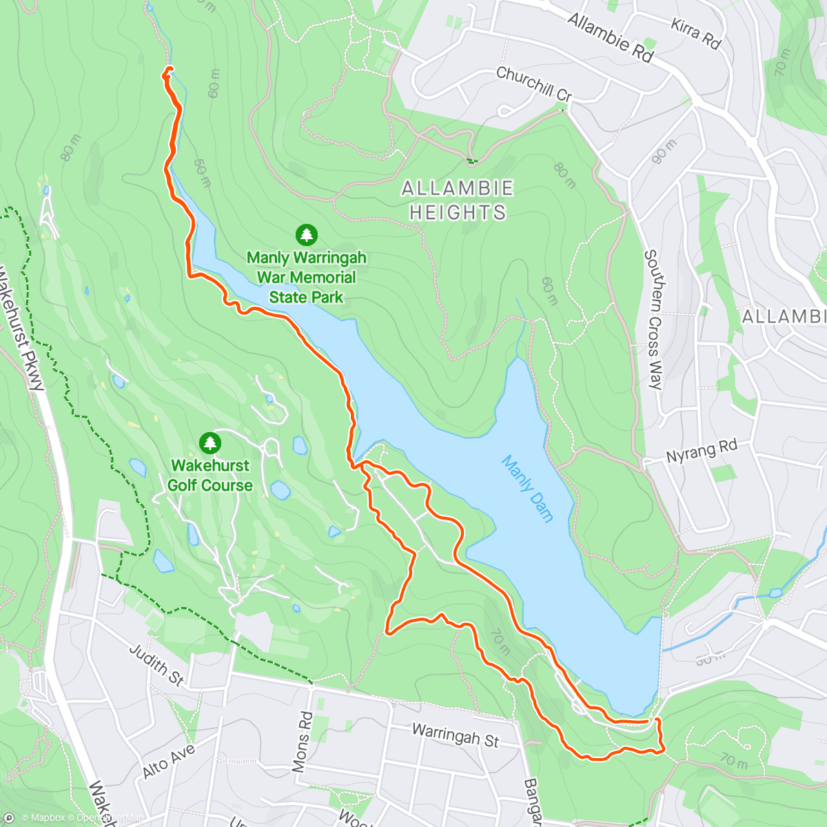 Map of the activity, Manly Dam - Waterfall and back