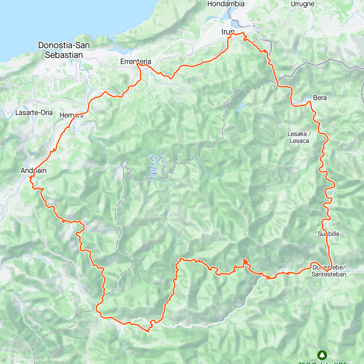 Map of the activity, Andoain, Leitzaran, Gorriztaran, Zumarresta, Zubieta, Uraren bidea, Endarlatza, San Martzial, Olaberria