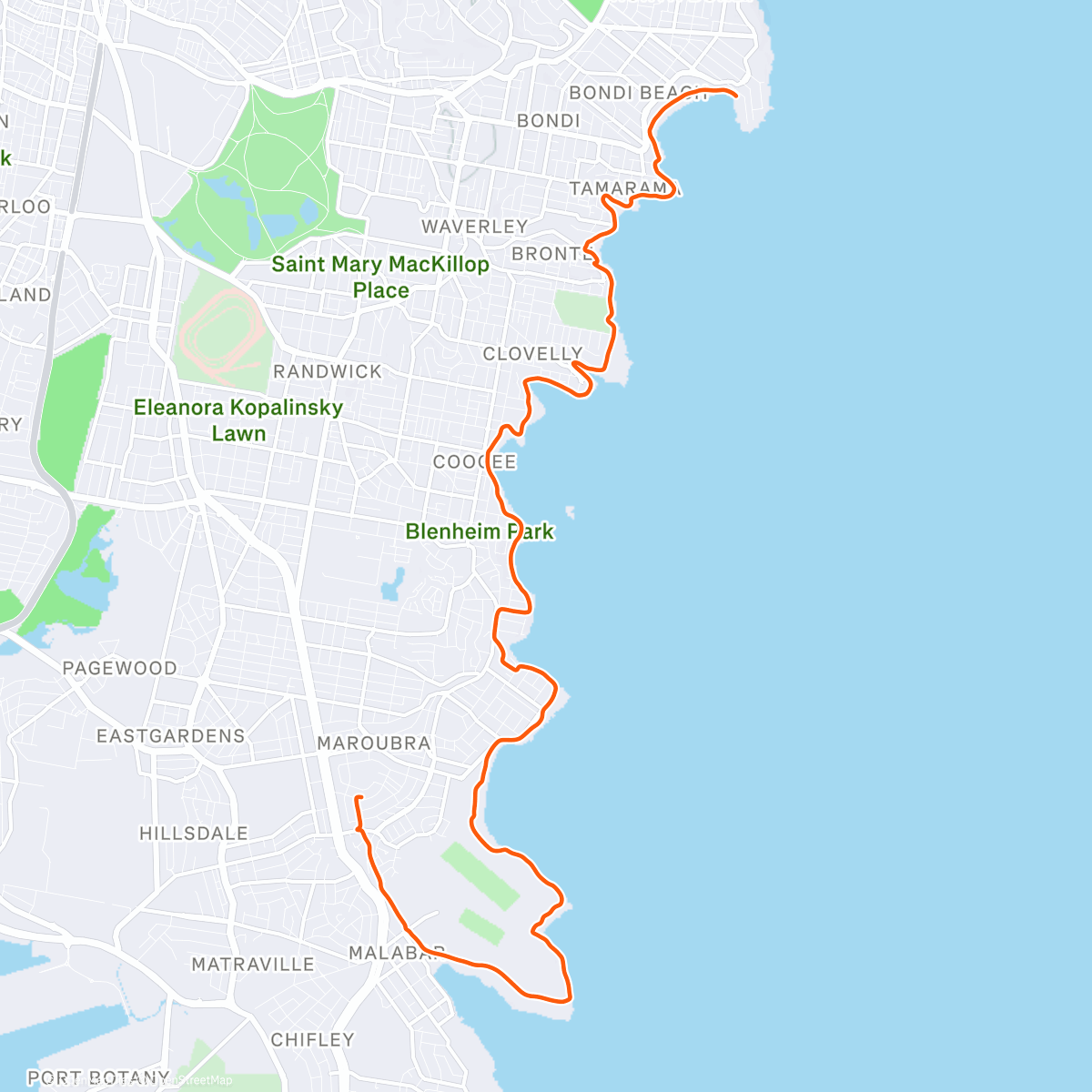 Map of the activity, 12km tempo into cool down