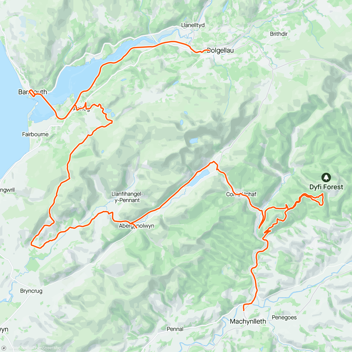 Map of the activity, Traws Eryri day 1 + some Dyfi forest trails + Barmouth. Wales loves a gradient