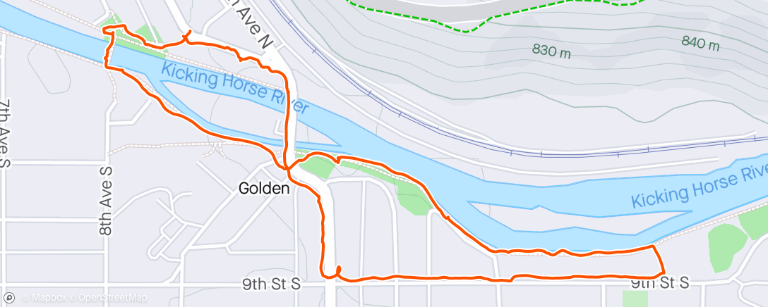 Map of the activity, Along the Kicking Horse river in Golden
