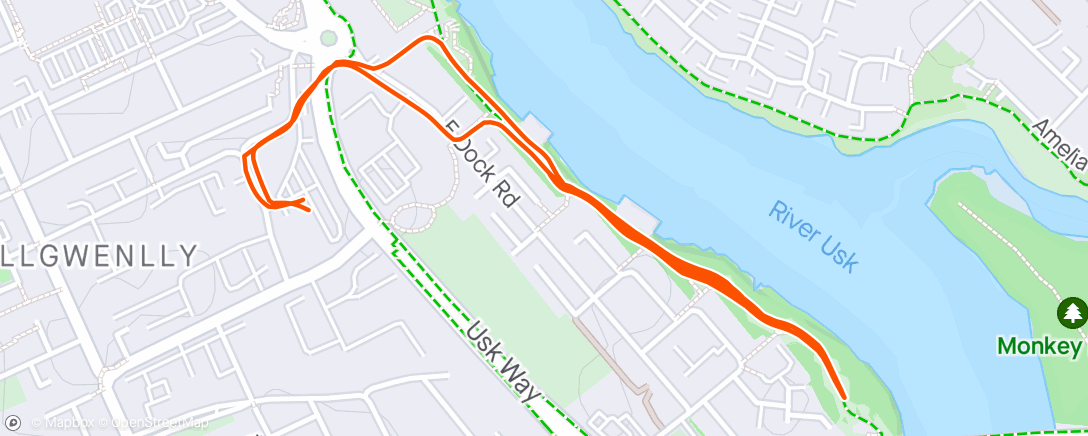 Mapa de la actividad (Newport riverfront - 3 * 3 * (50m walk, 150 run) 30 secs & 3 mins recovery)