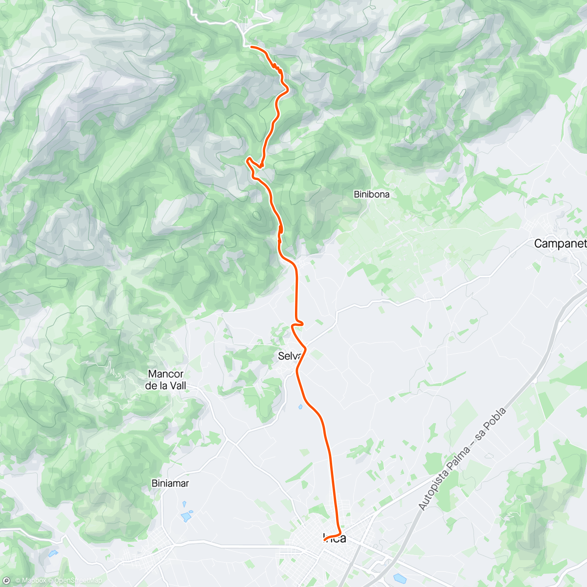 Map of the activity, Kinomap - Sa Batalla, Inca, descent 🚵📉 escaping from the storm ⛈️