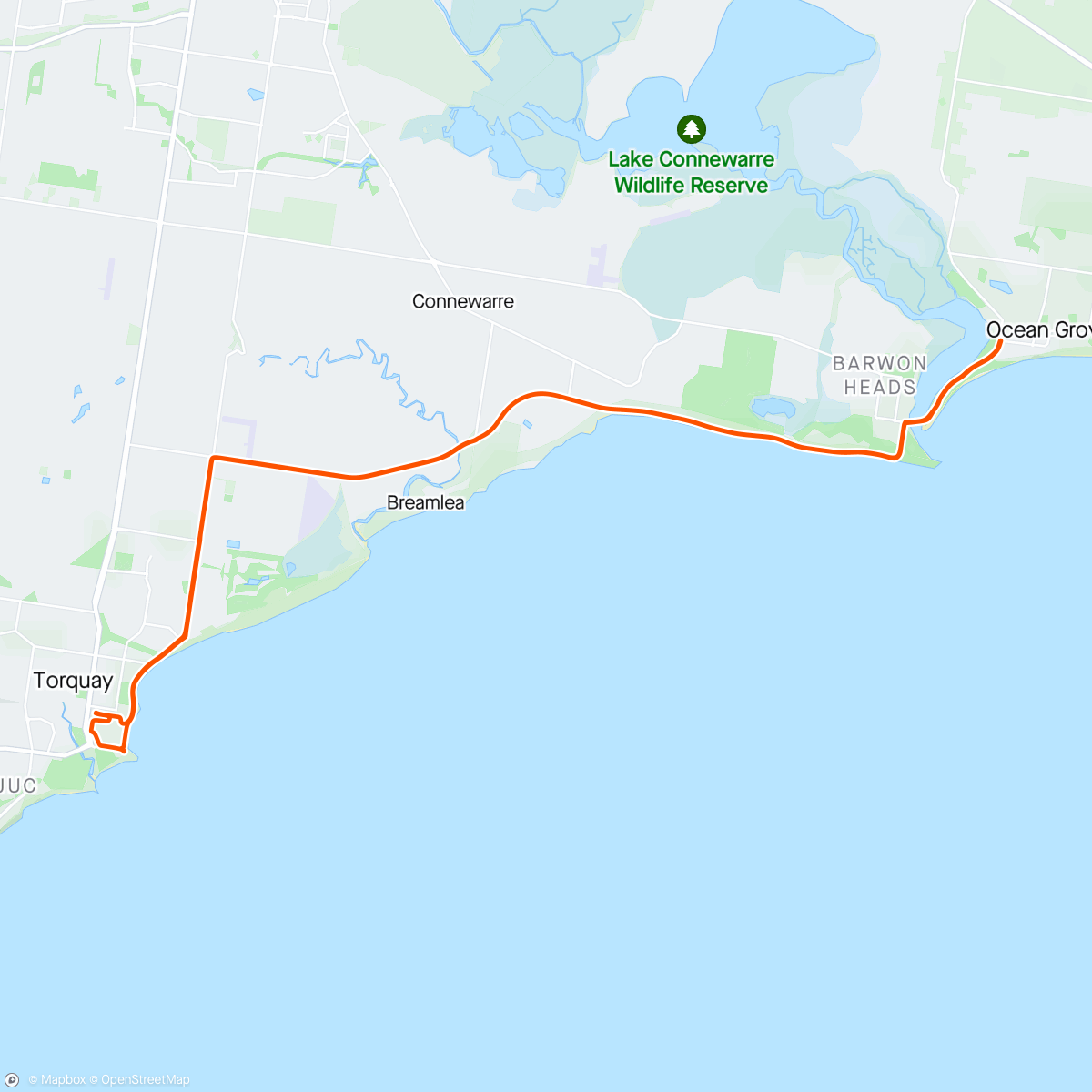 Map of the activity, Torquay to Ocean Grove recovery ride for the boys