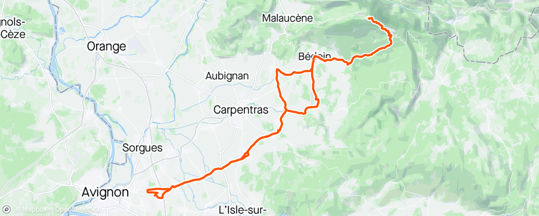 Mapa de la actividad (Sortie Morières - Ventoux avec Jean-Yves et Andrea, accompagné de Patrice avant la montée … Merci pour cette belle sortie …)