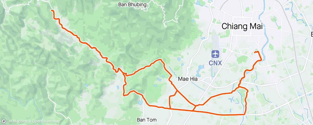 Map of the activity, Morning Ride - Lanna Thara Crit x2, Doi Gom, Kristadoi x10, Tha Chang (coffee), home via ring road, Ping River & Rainbow Bridge