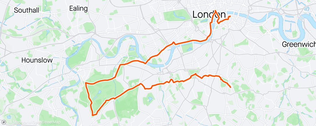 Map of the activity, Home from work via Richmond Park