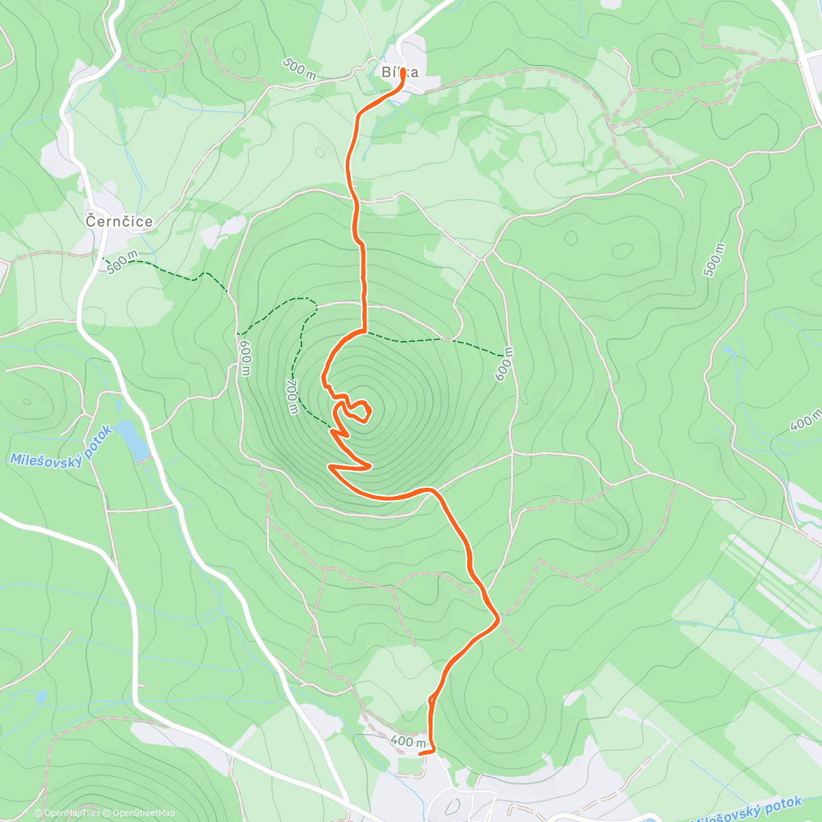 Map of the activity, Hodobožová Milešovka 3 krát, s popobíháním z kopce