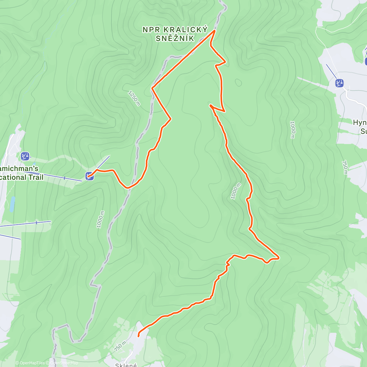 Map of the activity, Podbělka, Sušina, vodopády Prudkého potoka, ...