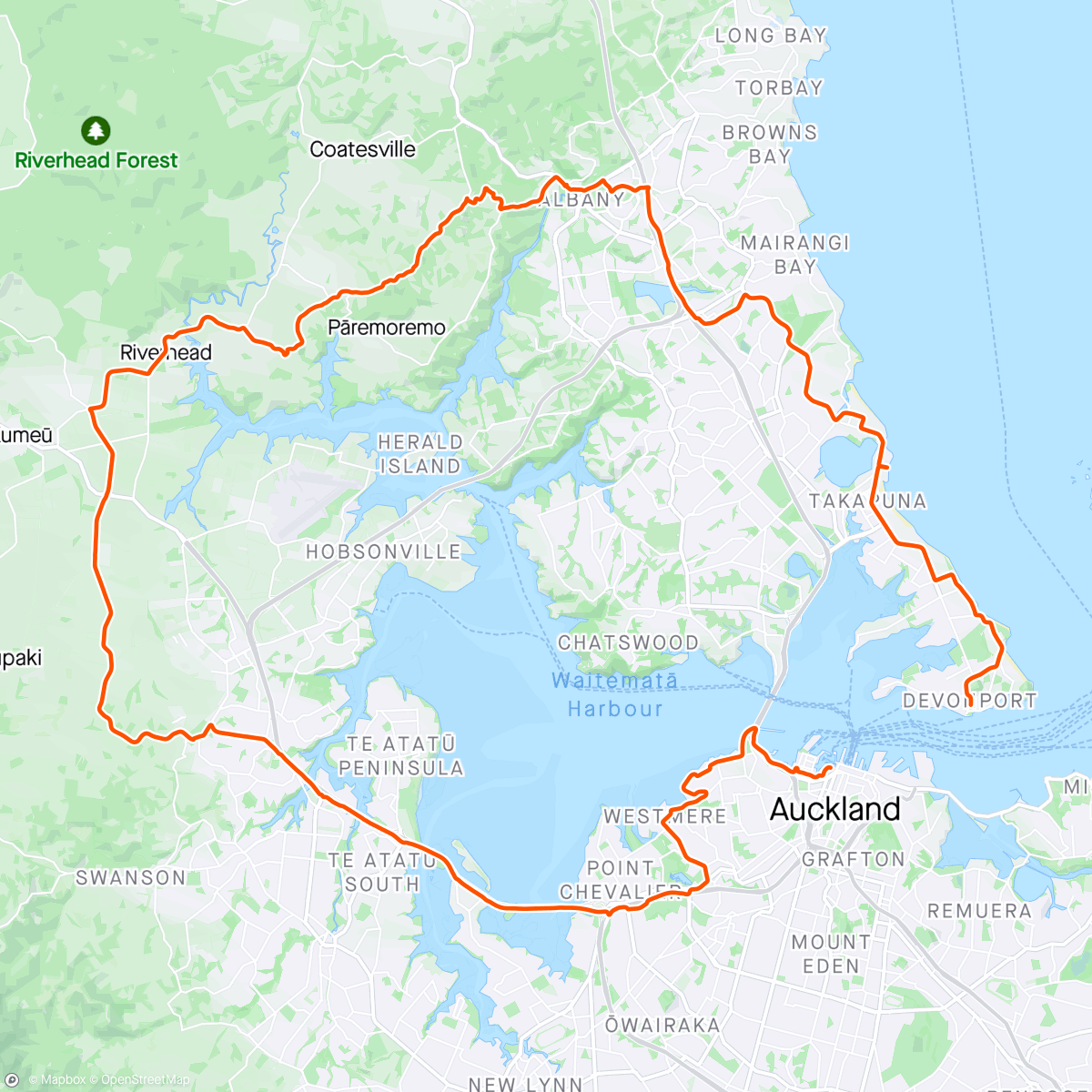 Map of the activity, Auckland ride with Ishcan et. al. Followed by libations in Devonport.