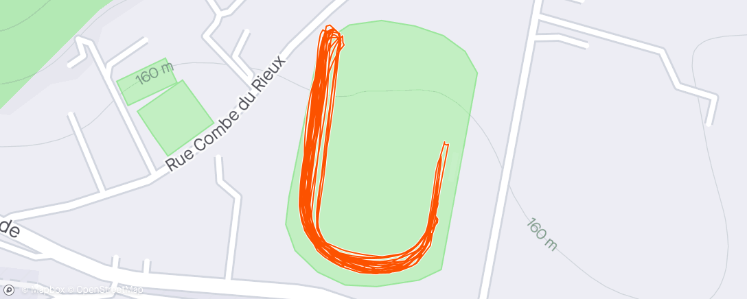 活动地图，PNA intervals: VMA session 45" on 15" off, start at 100m adding 6m after every 45". Result =28