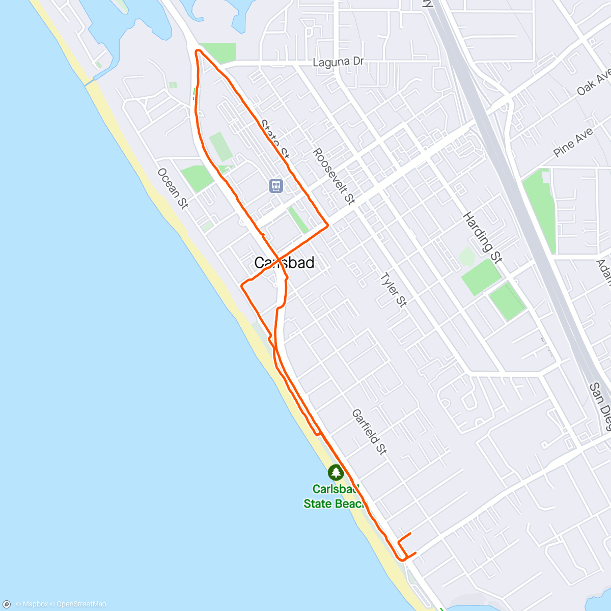 Kaart van de activiteit “Carlsbad Village walk, then gym.”