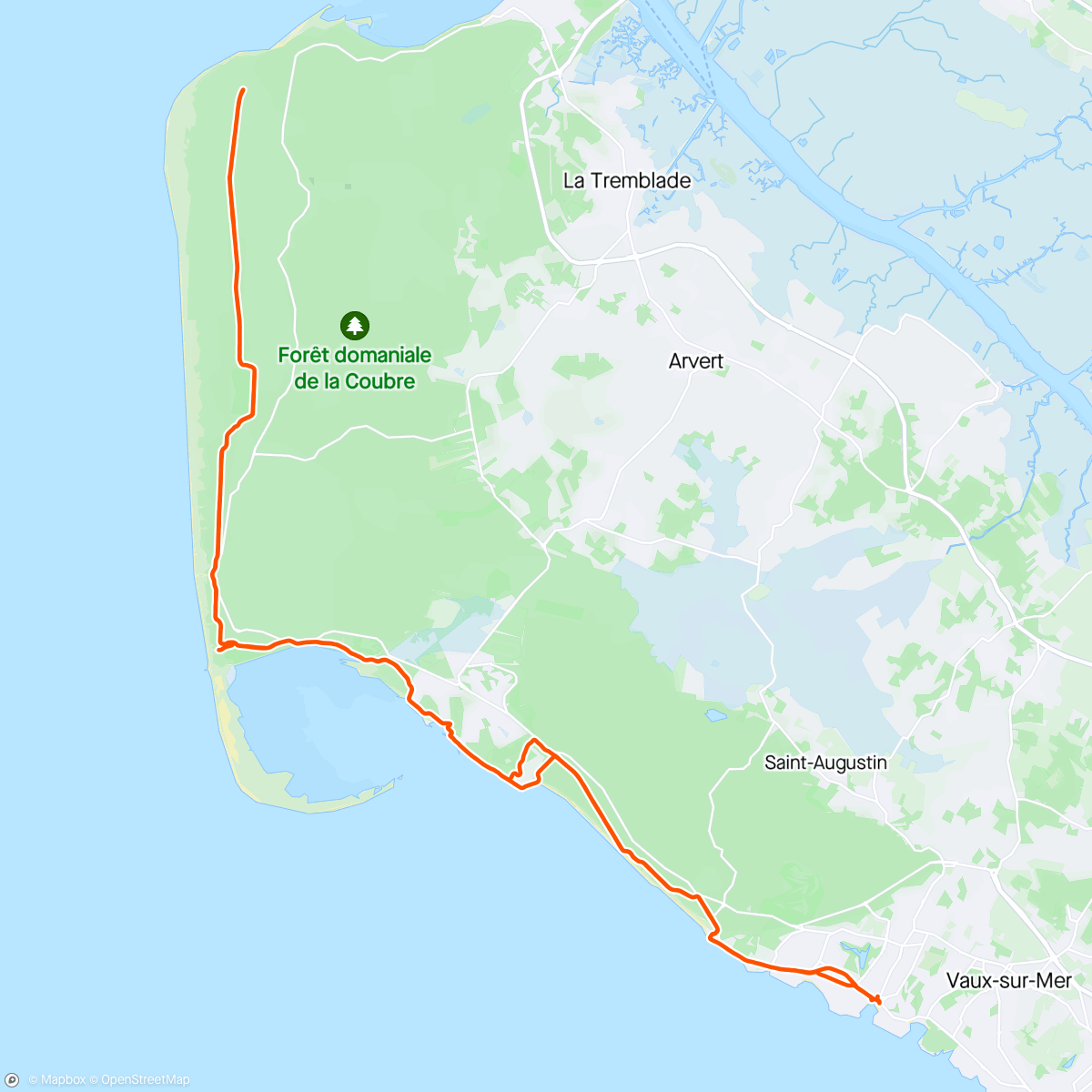 Map of the activity, Vélo rando. St Palais /mer, La Palmyre, Phare de la Coubre, Ronces les bains. Retour même parcours.