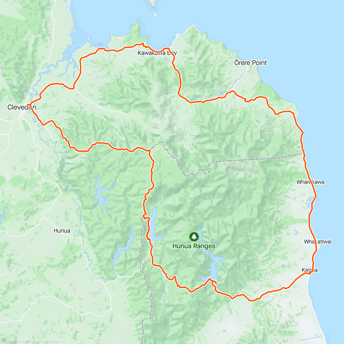 Map of the activity, Hūnua Traverse and back around the coast