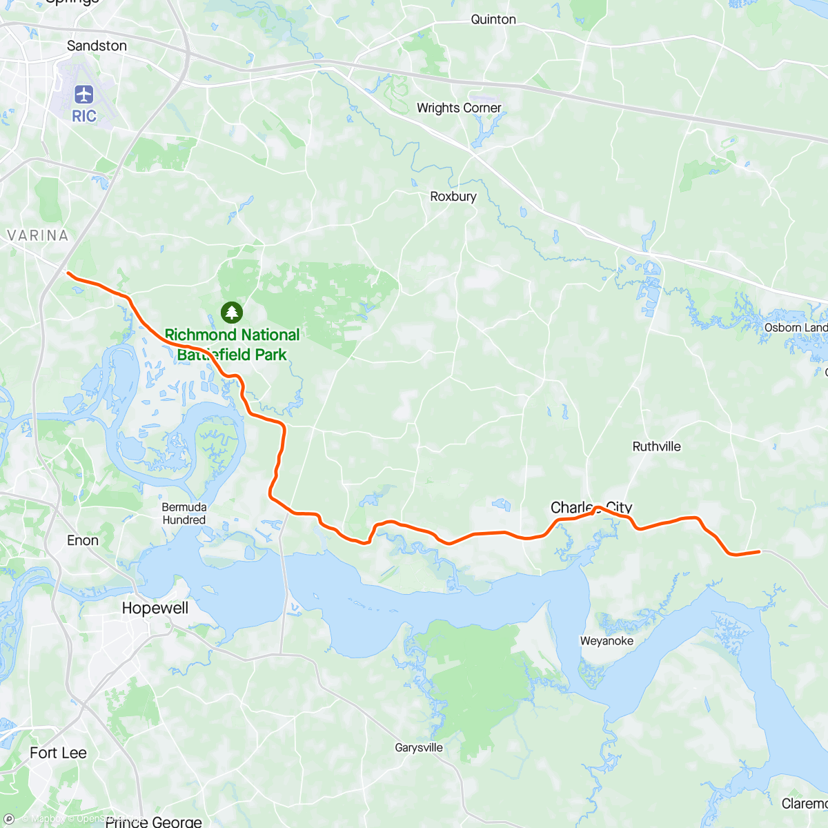 Mapa de la actividad (Virginia Capital Trail Road Bike Ride)