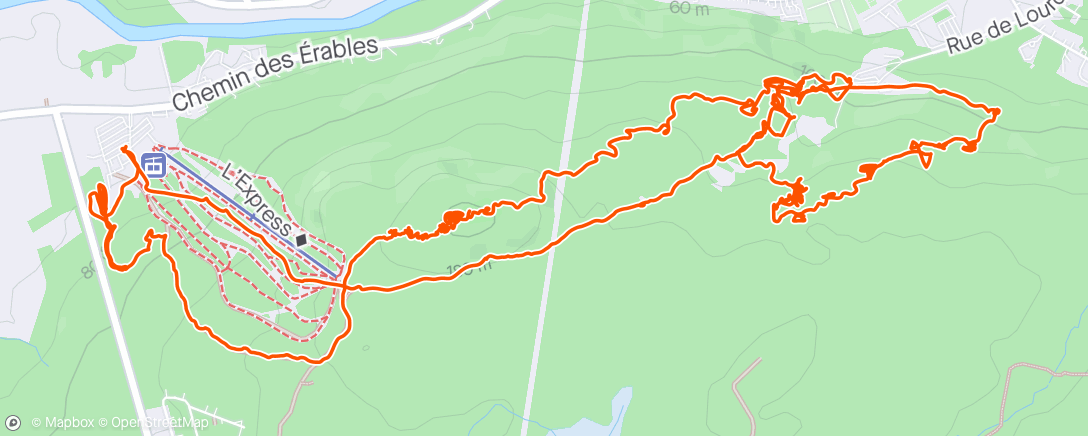 Map of the activity, Strava is confused, was only 1/2 that distance. Ski hill is still too wet. Super soft.