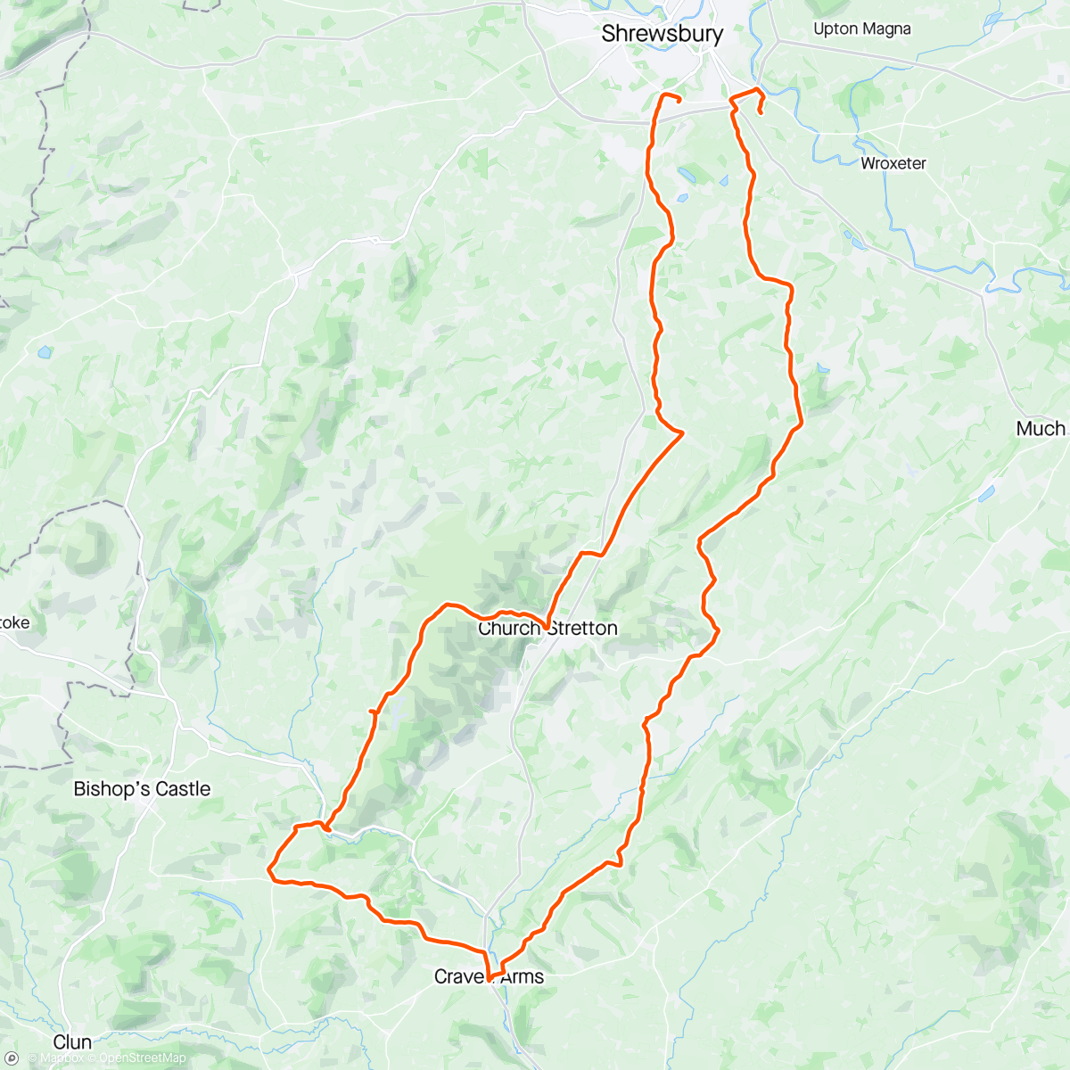 Map of the activity, Shrewsbury to Long Mynd and over the Bursway