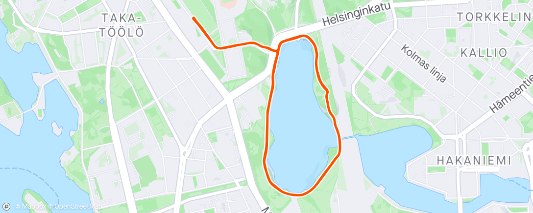 Map of the activity, Warm up + 4 laps in Töölönlahti