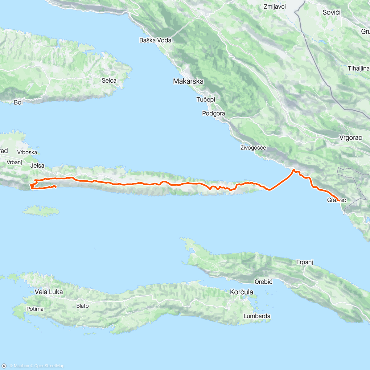 Map of the activity, Day 96: My biggest climb, hungover sprint to the ferry which I made with 2 mins to spare. A super past week with cool people spent in Cast Away Hvar ☀️