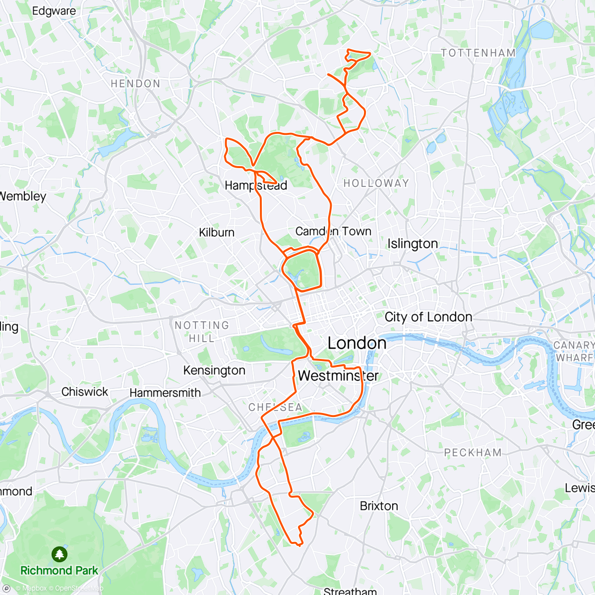 Map of the activity, Short climbs Highgate Hampstead Muswell & Regents laps w/George