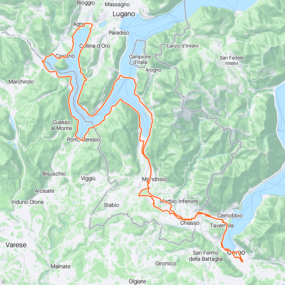 Map of the activity, Lake Lugano with group of 13 from Mumbai 🇮🇳 and NJ 🇺🇸 crossing Italy/Switzerland’s borders