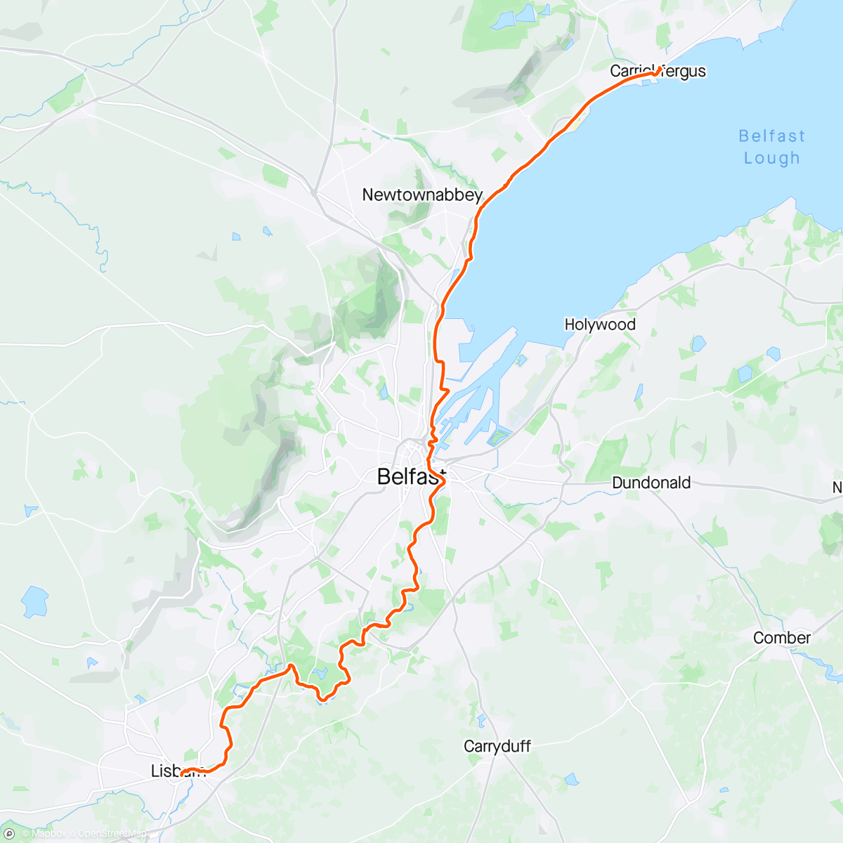 Map of the activity, Cycle ways from Carrickfergus to Lisburn