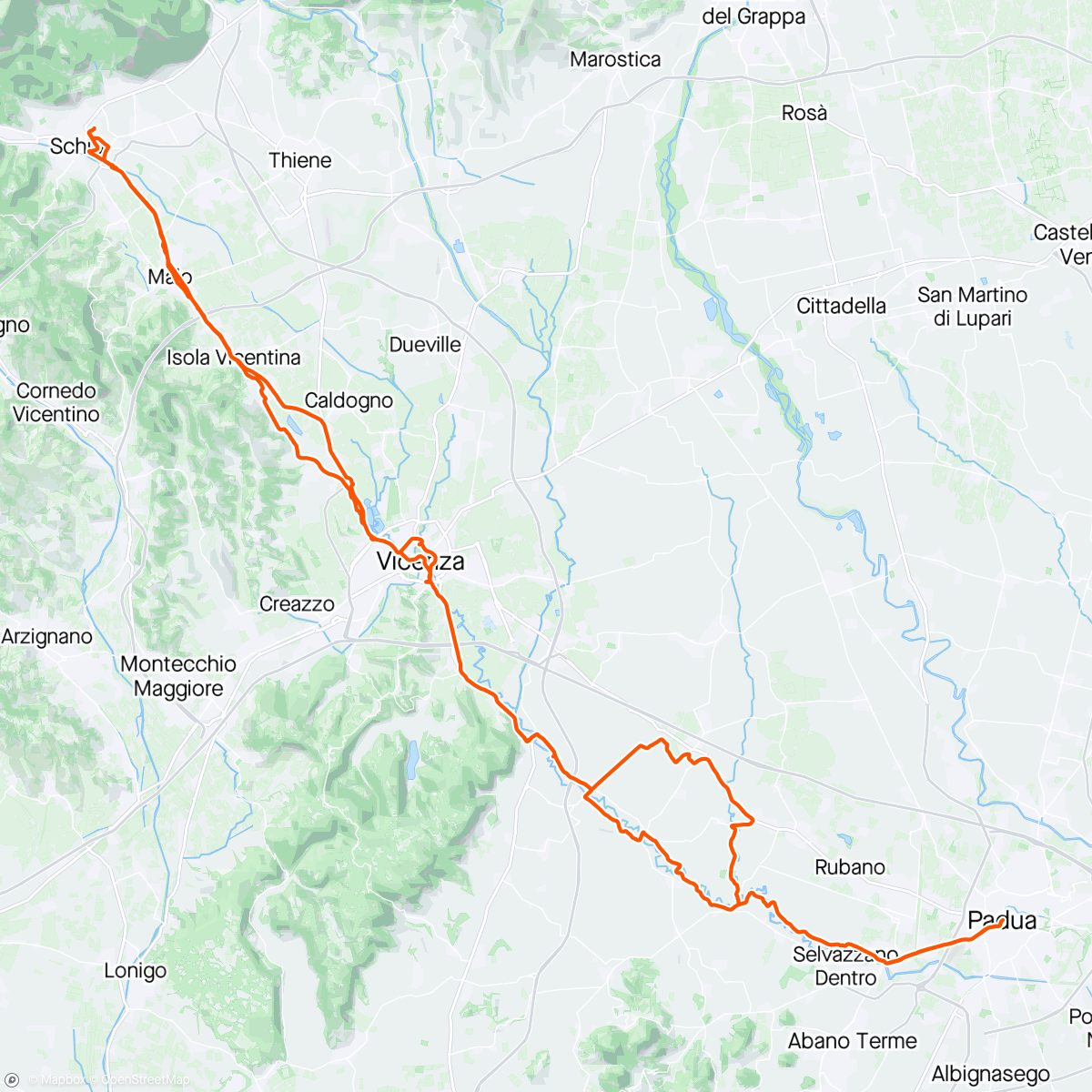 Mapa de la actividad, Schio-Vicenza-“pedaliamo per il futuro-Grisignano di Zocco-Eroica Caffè Padova-Schio