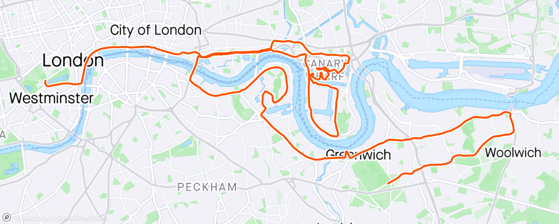 Map of the activity, London Marathon 2024 (with a strava PB 😂😂) + wee stop, went off too quick, knee played up at 38k and helped a guy over the finish line 🤘