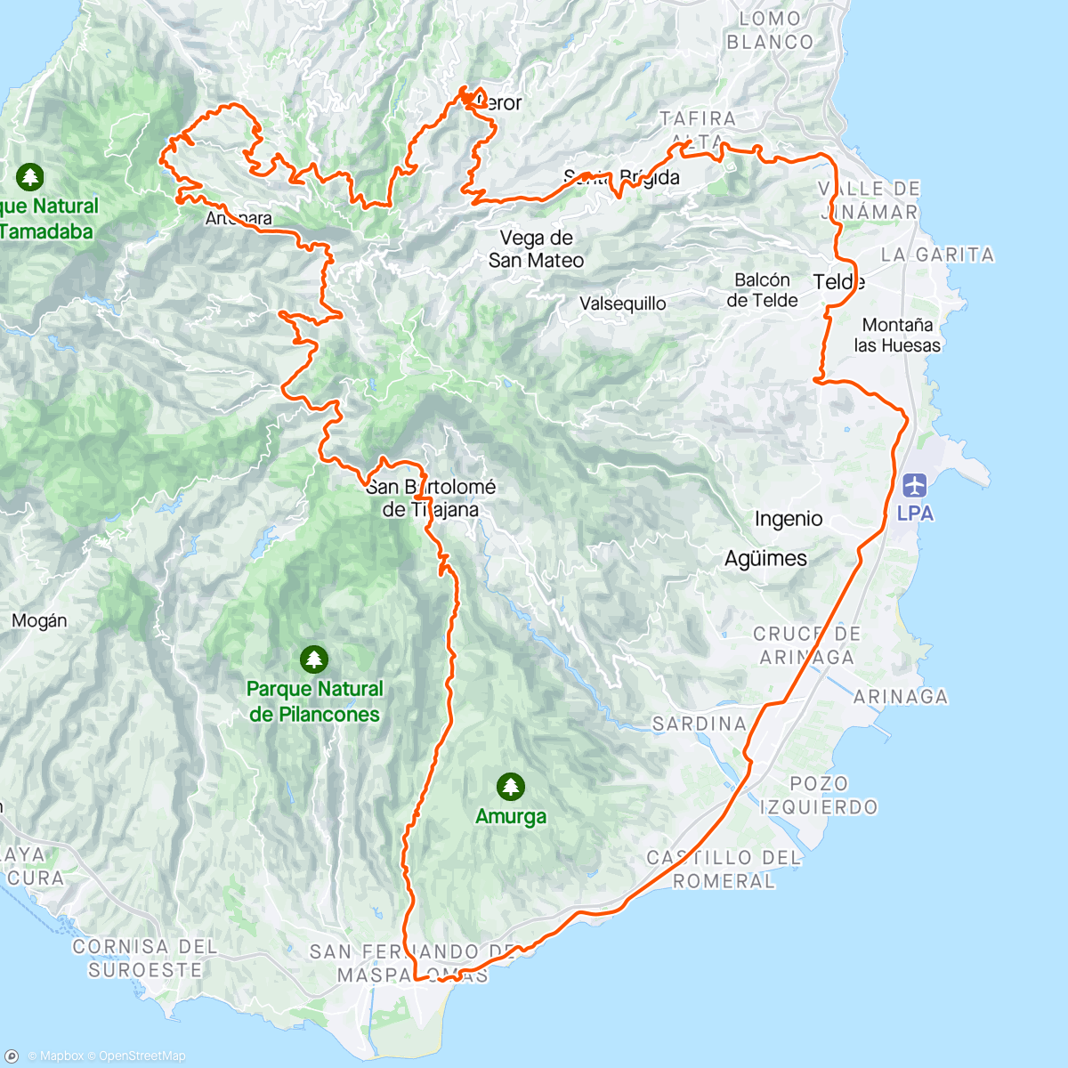 Map of the activity, GC6 Telde - Teror - Cuevas del Corcho - Pinos Galdar - El Hornillo - Artenara - Tejeda - Ayacata - San Bartolomé - Fataga - Degollada las Yeguas