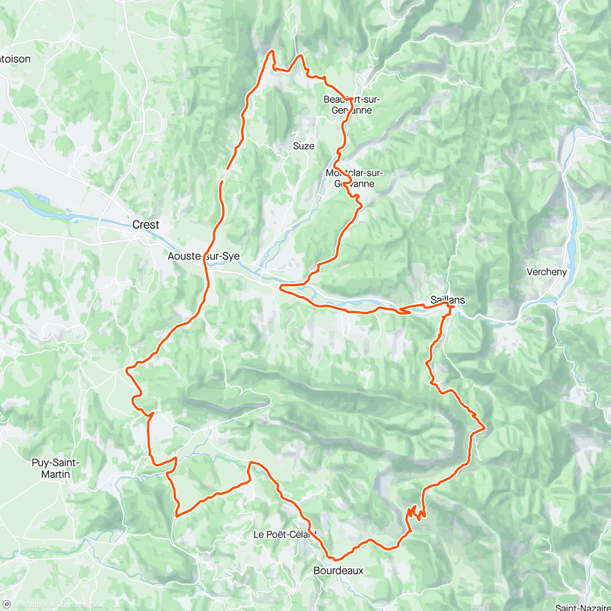 Map of the activity, ROU26, Sortie longue, prévu 75km et vu le beau temps dans la vallée de la Drôme, j’ai rallongé de 20km par Col de la Boite & Beaufort-Gigors