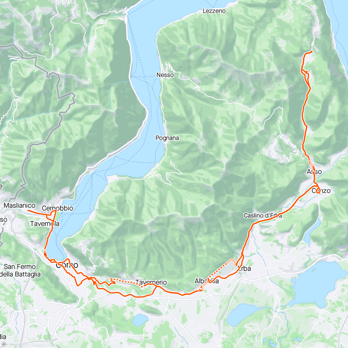 Map of the activity, Madonna del Ghisallo back way on gravel bike .. gravel Volta + Buco del Piombo with Jo’s gang & Annabella on her MTB 💪