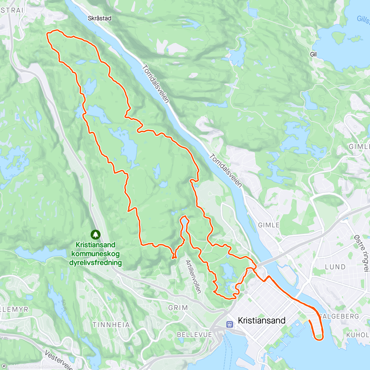 Map of the activity, Kristiansand Bymarka, rolig tur i våt skog