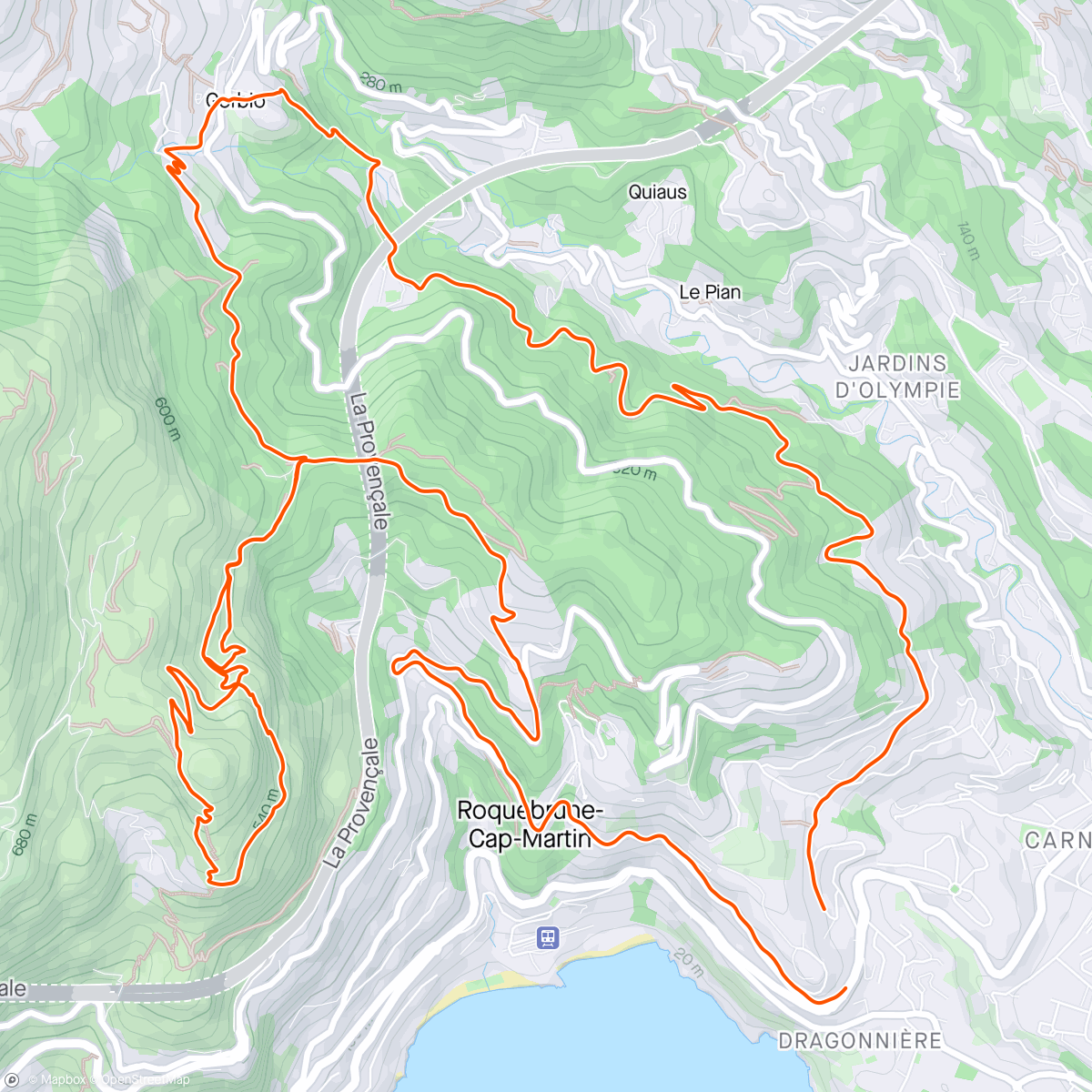 Map of the activity, VTT Tour du Mt Gros & descente par Rossignola & Gorbio