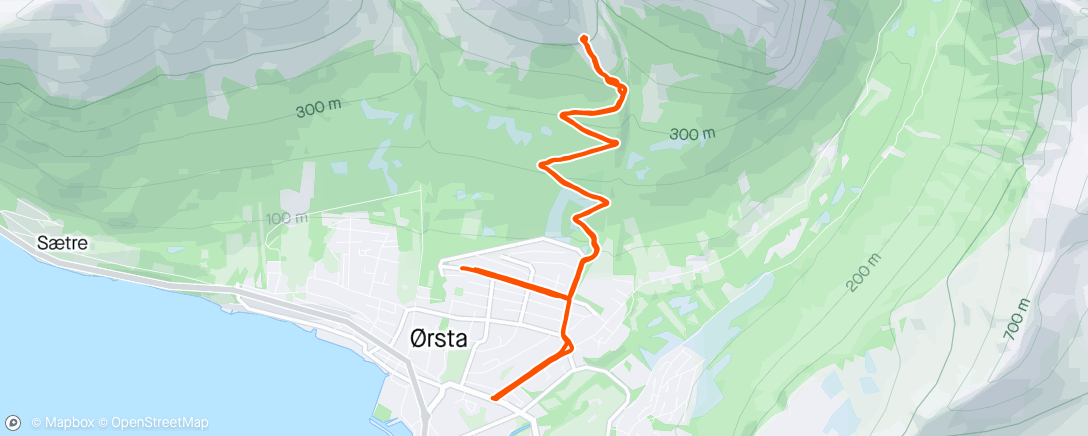 Map of the activity, 25 min motbakke terskel. Så over til litt fjellside gåing på snø med glatte joggesko