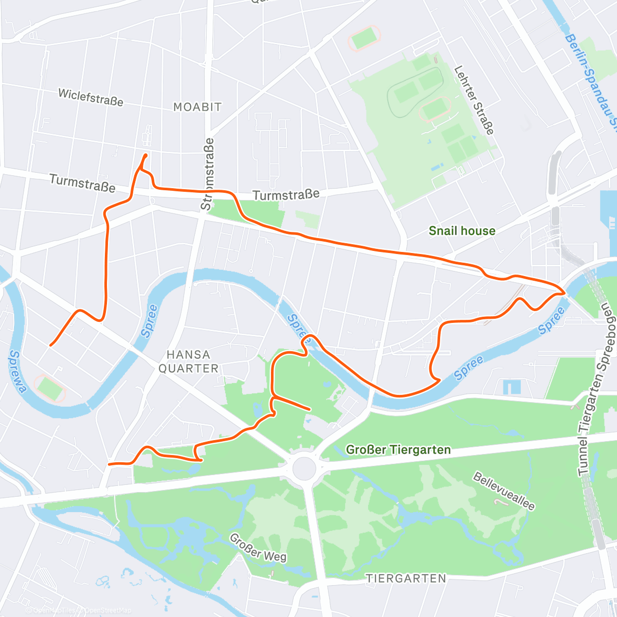 Map of the activity, 250105 Winterwanderung im Schnee ab Haustür - Moabit Route - Bhf Tiergarten Wikingerufer