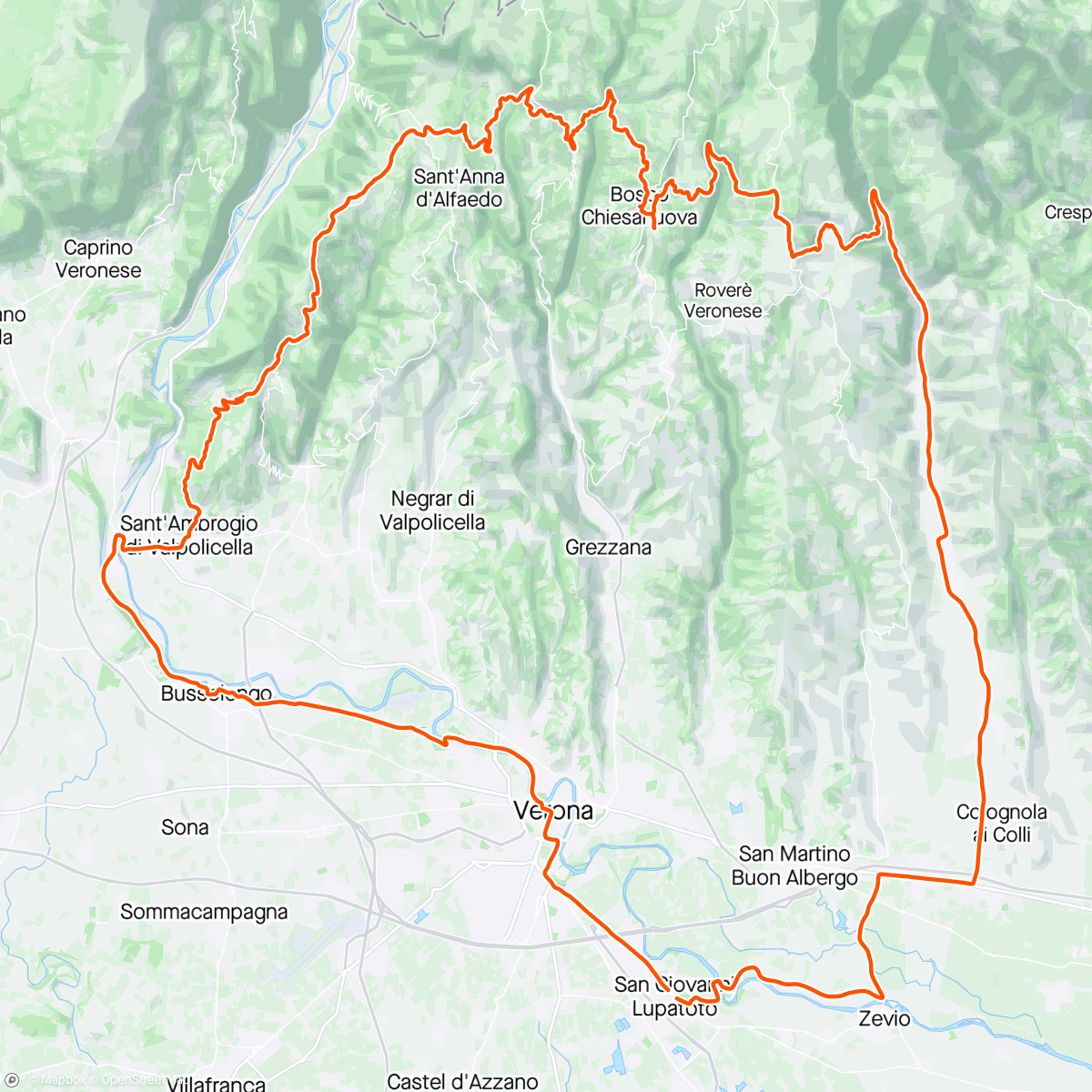 Kaart van de activiteit “Giro mattutino domegliara/monte/breogno/fosse/erbezzo/bosco/San francesco/velo veronese/ selva di progno/tregnago/Illasi/vago/zevio/e casa”