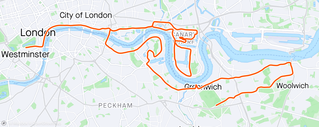 Map of the activity, London marathon - with so much time lost due to injury, and only 9 weeks training from scratch, just ran on feel and enjoyed every second, felt good the whole way 😊