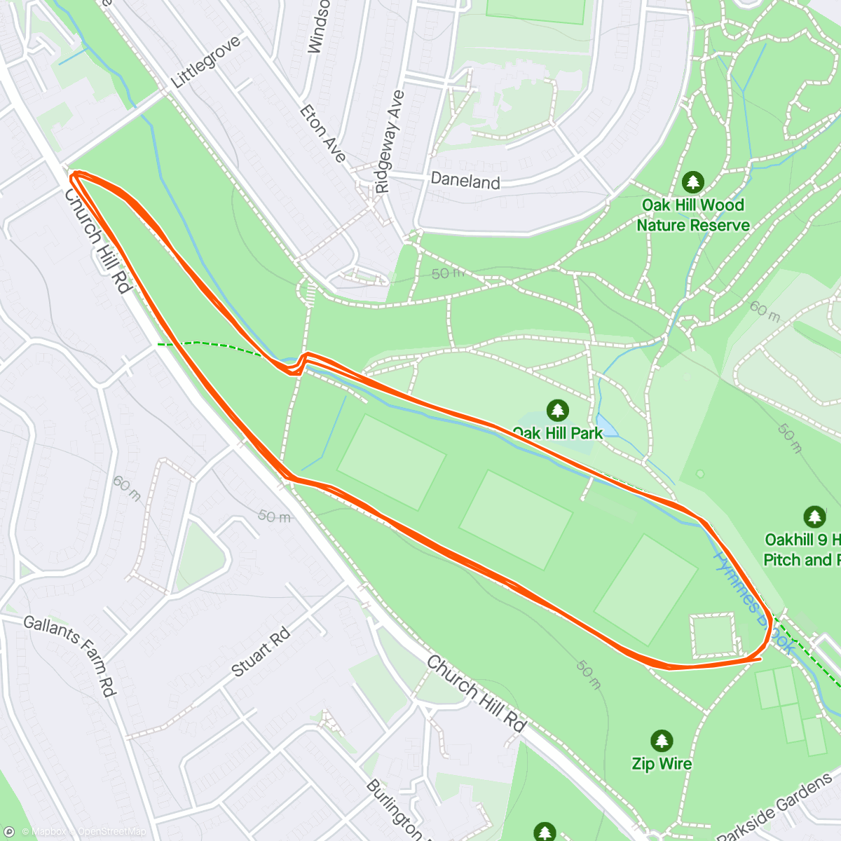 Map of the activity, Oak hill Parkrun #600 - nice warm day