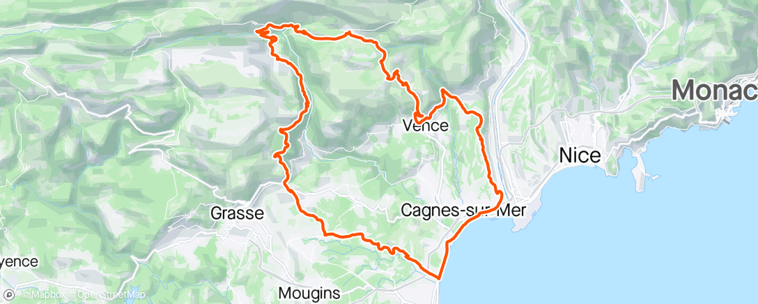 Mapa de la actividad, Gourdon, Cipieres, Col de Vence (Biot climb @236 Watts)