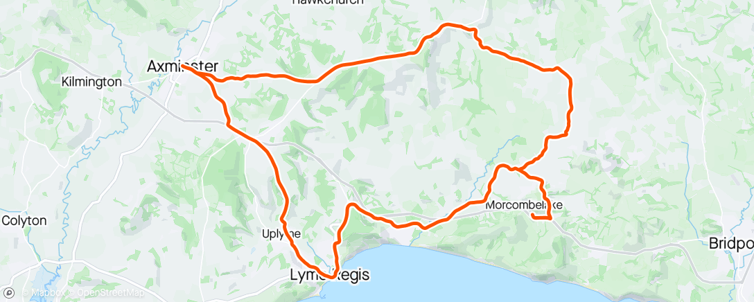 Map of the activity, Lyme Regis, Axminster loop - a little local hill work in the sun.
