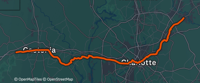 Day 7 route map: Outskirts of Gastonia, NC to CLT Speedway, NC