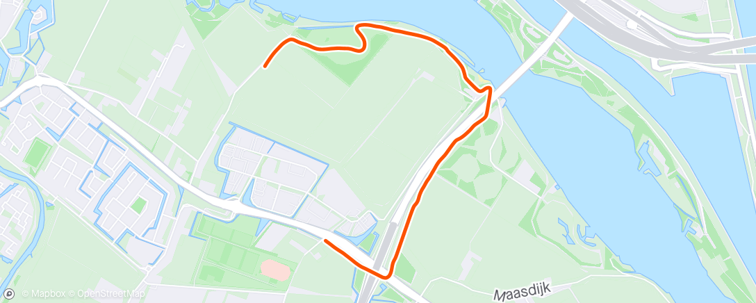 Map of the activity, Morning Run: ik mag weer van de fysio :-) 1.5 km inlopen en 5 km op hartslag. Hopelijk geen peesklachten na afloop...
