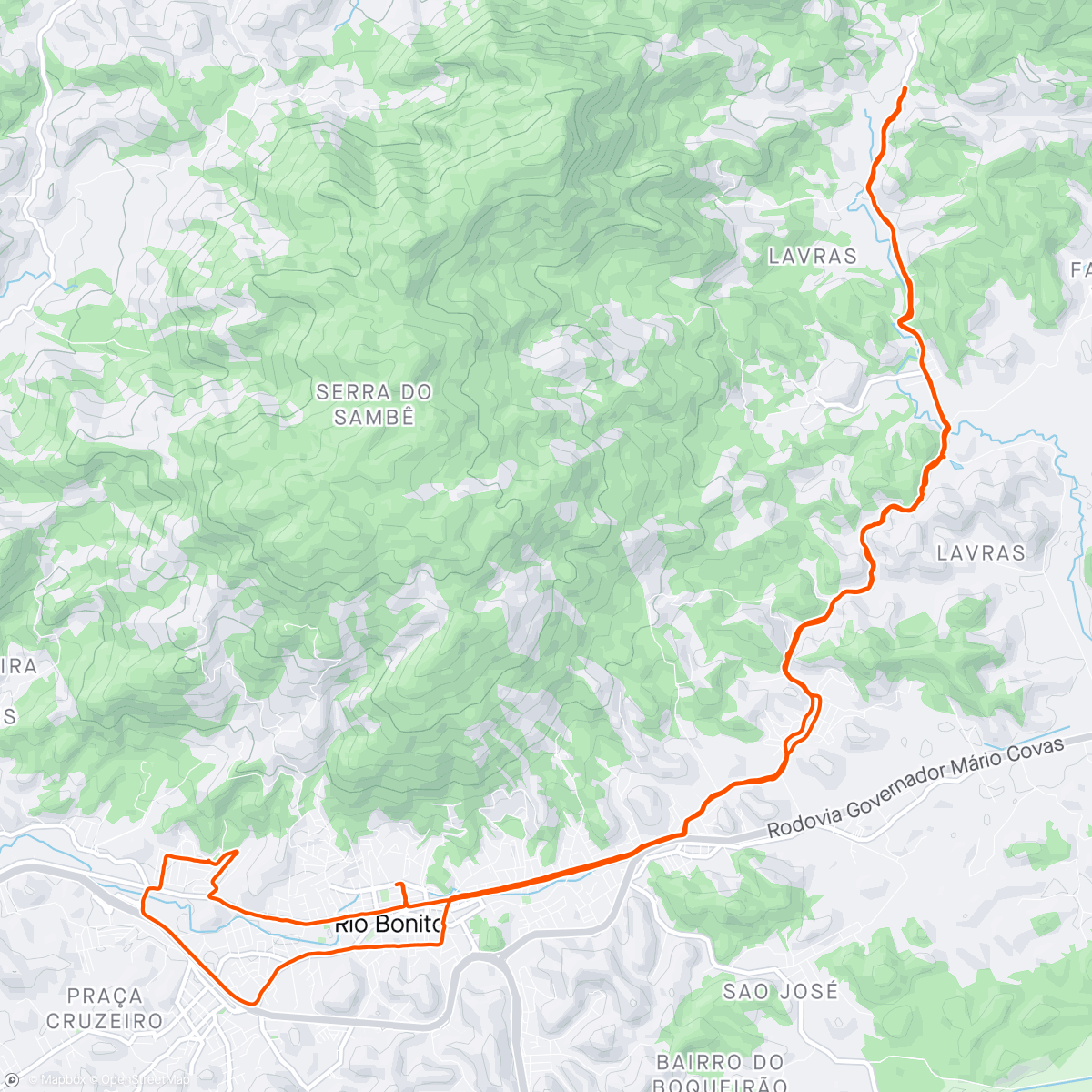 Mapa de la actividad (Pedal Matinal Rio Bonito x Jacuba x Lavras x Chuveirão x Centro x Praça Cruzeiro x Green Valle x Centro.)