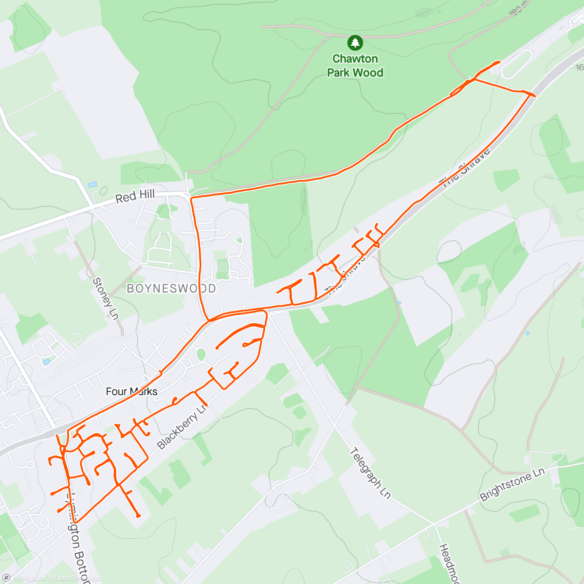 Mapa de la actividad (05/05/2024 Four Marks - 4th time of late. Good meander on heavy legs but not as bad as feared. Left thigh bit sore after yesterday and groin still but OK on the run.)