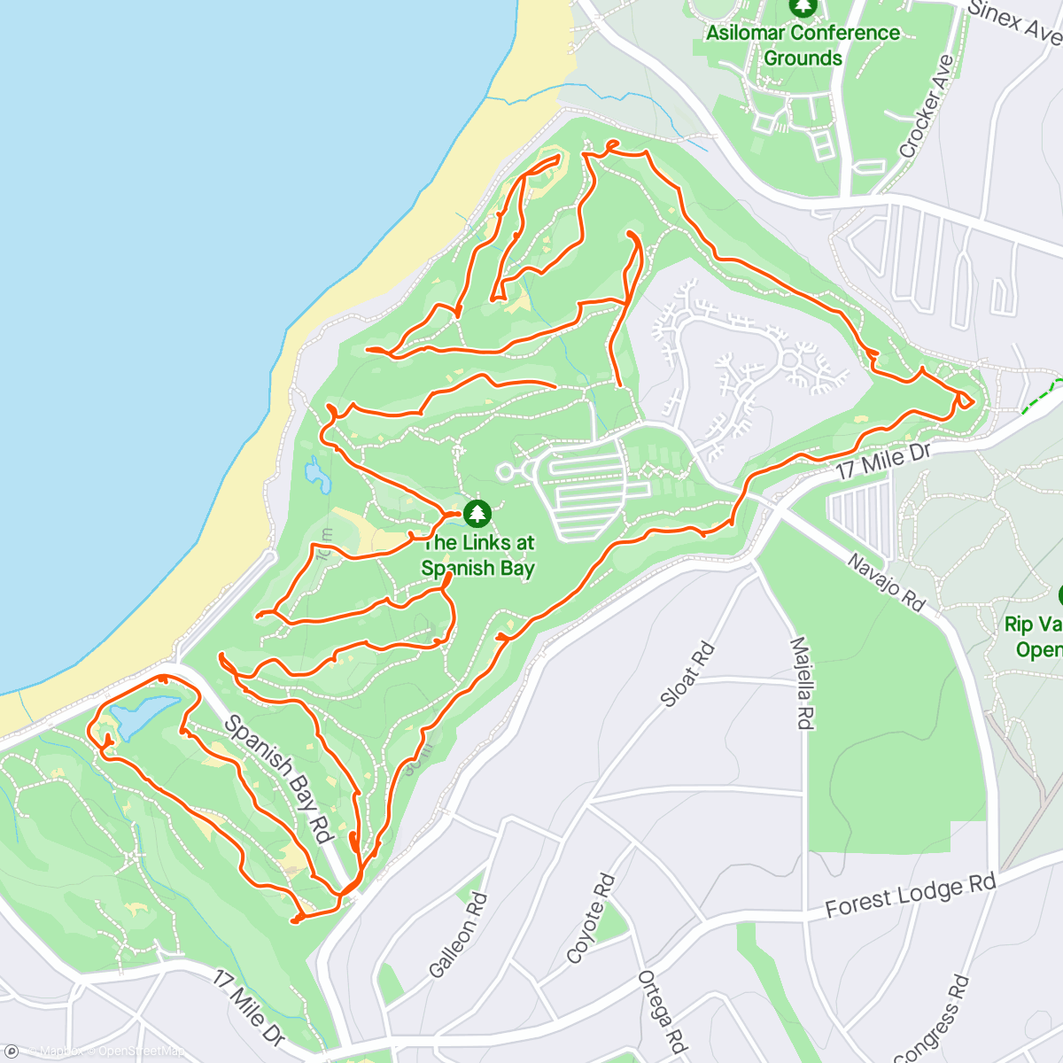 Map of the activity, Spanish bay caddie miles after a walk through the Del Monte Forrest preserve before work