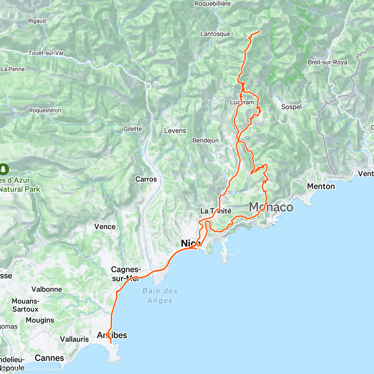 Map of the activity, Col d eze. Col de braus. Col de l'orme. Col du turini.